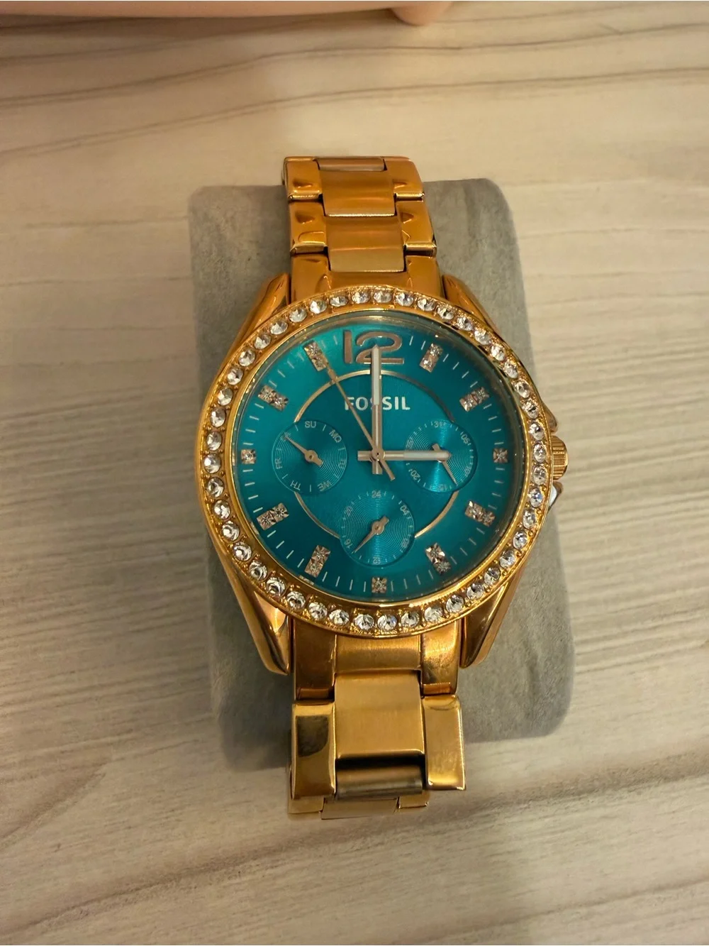 Fossil Women's Gold Bracelet Watch with Teal Dial and Crystal Bezel